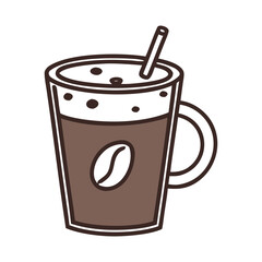 Cute cartoon illustration of a delicious iced coffee drink with whipped cream and a coffee bean logo on a black background