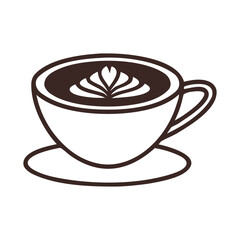 Stylized illustration of a white coffee cup with dark brown coffee and latte art on a matching saucer against a black background