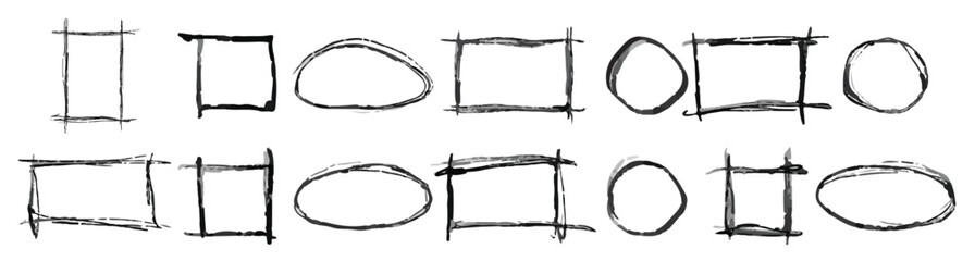 Black charcoal frames, sketched empty borders for texts and images, freehand graphic design elements. Vector illustration.