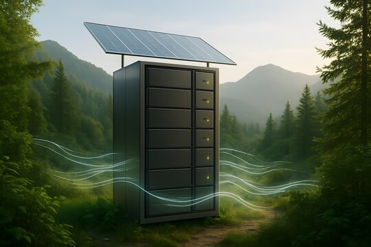 Eco-friendly data server powered by solar energy in the middle of nature, symbolizing green technology, sustainability, and renewable innovation.