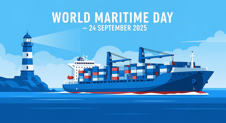 World Maritime Day 2025 illustration with cargo ship and lighthouse.