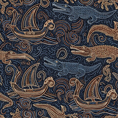 Intricate vector illustration of Viking ships and crocodiles in a seamless repeating pattern design., seamless pattern, Stock royalty image.