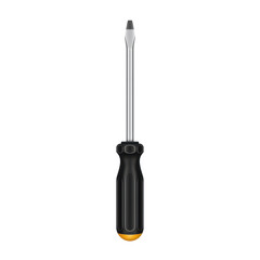A realistic illustration of a flat-head screwdriver with a black handle and a silver shaft.