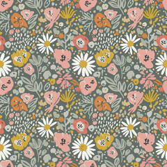 Whimsical floral pattern with daisies, poppies, and abstract foliage design, seamless pattern, royalty stock.