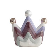 Abstract crown shape composed of layered wavy ribbons in pastel colors with metallic spheres on top