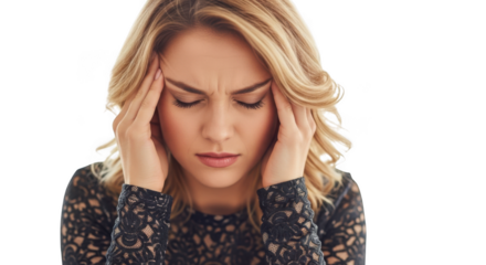 3d realistic woman experiencing migraine or headache stress transparent background