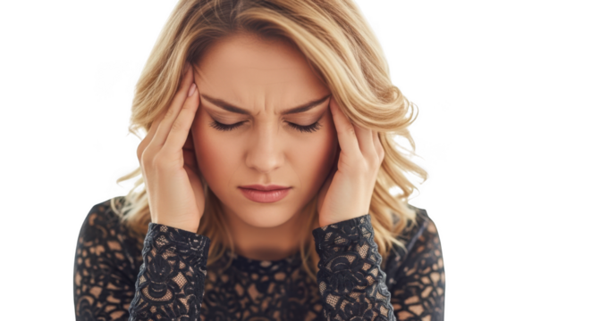 3d realistic woman experiencing migraine or headache stress transparent background - Powered by Adobe