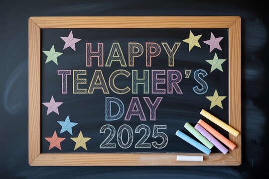 Happy teacher's day 2025 message written in colorful chalk on a blackboard with stars and chalk sticks