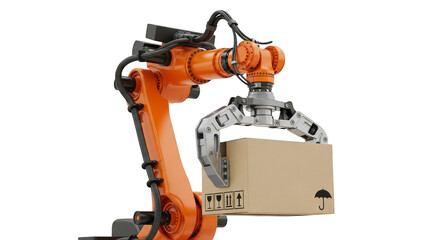 Automated orange robot arm lifts box