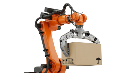 Automated orange robot arm lifts box