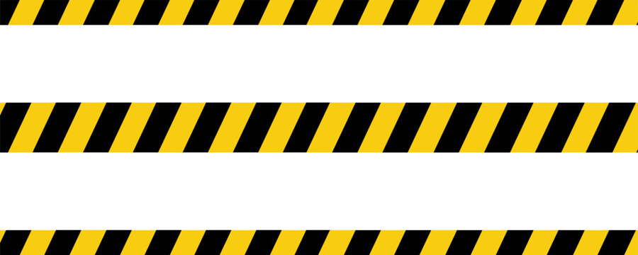 Warning tape with yellow and black diagonal stripes. Warn stop seamless line. Yellow and black caution tape border eps 10