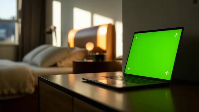 Work from home setup featuring laptop with green screen on a bedside table in warm light