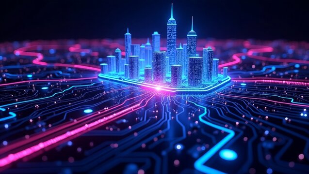 Blue and Pink Digital Cityscape on Circuit Board technology 1