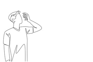 Continuous one line drawing man inhales asthma inhaler. Inability to manage stress well is a trigger. Healthy living without much thought. World Asthma Day. Single line draw design vector illustration