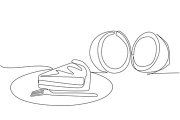 Single one line drawing coconut cream pie slices round black plate with fork. A sweet restaurant style dessert. Delicious. National Coconut Cream Pie Day. Continuous line design graphic illustration
