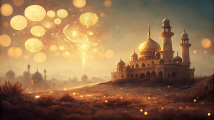 Golden mosque illuminated by bokeh lights at dusk