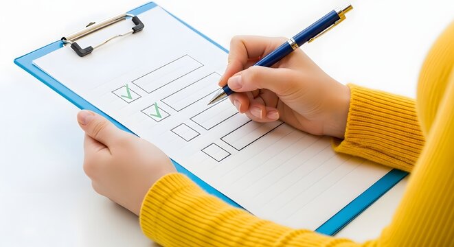 Persons hands checking boxes on a checklist isolated on white background