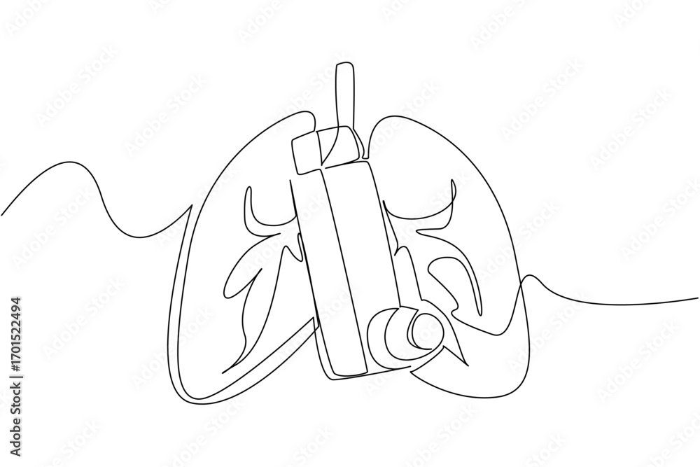 Poster single continuous line drawing asthma inhaler with lung background. prevents coughing and shortness 