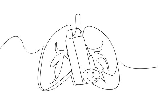 Single continuous line drawing asthma inhaler with lung background. Prevents coughing and shortness of breath. Overcoming sudden asthma attacks. World Asthma Day. One line design vector illustration