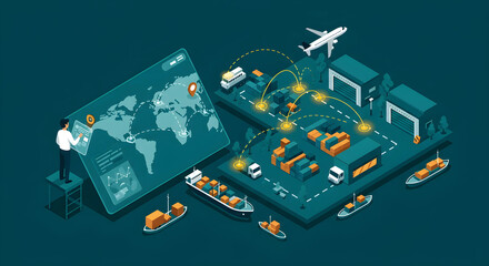物流とサプライチェーンマネジメントのビジネスコンセプト。グローバルネットワークのDX化イラスト。ベクター背景素材。