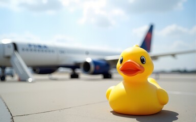 Yellow Rubber Duck on Airport Tarmac with Airplane Background. High quality