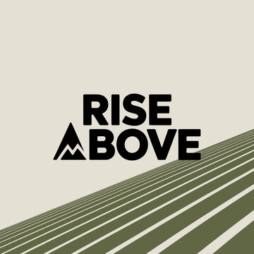 Modern geometric logo design featuring the text rise above with mountain icon and abstract parallel lines pattern vector