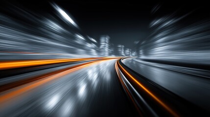 High speed light with blue and orange stripes in abstract, futuristic technological concept, showing motion blur against fast forward timeline background, creating a captivating visual effect that rep