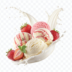 realistic creamy vanilla and strawberry ice cream scoops with milk splash isolated on transparent background