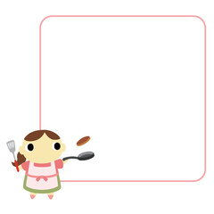 料理をするエプロン姿の女性　フレーム付