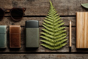Wooden surface with accessories, sunglasses, fern