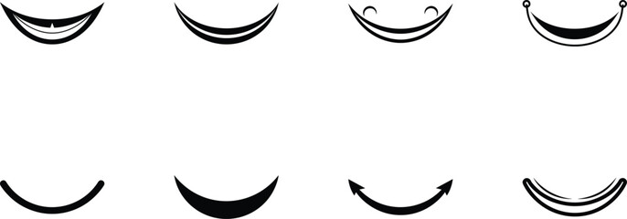 Eight black smile and curve icons representing different emotions and expressions, isolated on transparent background