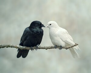 Fototapeta premium A black raven and a white dove perched closely on a single branch facing each other symbolizing duality and contrast