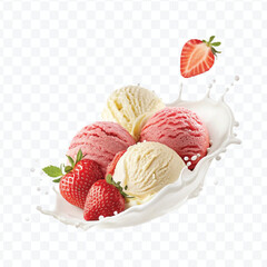 realistic creamy vanilla and strawberry ice cream scoops with milk splash isolated on transparent background