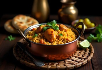 Chicken biryani with lime and cilantro in a copper bowl on a wooden board.