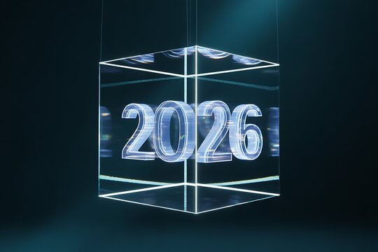 Futuristic 2026 in a glowing cube, envisioning new possibilities and technological advancements for the upcoming year, perfect for business and innovation themes - Powered by Adobe