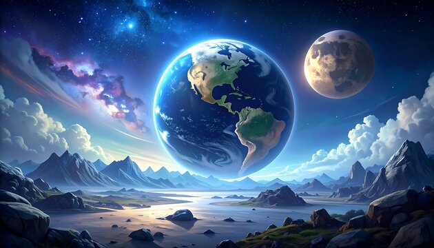 A serene, otherworldly landscape showcases a celestial sphere of Earth, juxtaposed against a vast moon, amidst a dramatic, mountainous backdrop.