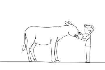 Single one line drawing the boy stands in front of the donkey and strokes its head. Playing at the zoo. Learning to love fellow creatures. World Donkey Day. Continuous line design graphic illustration
