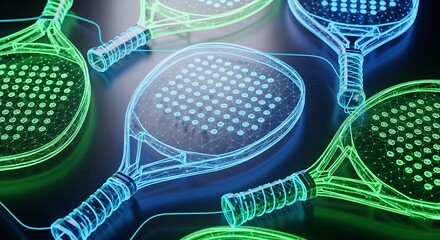 Futuristic and stylish depiction of interconnected padel tennis rackets with a glowing neon aesthetic.