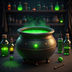 Mysterious bubbling green potion in a cauldron with glowing bottles