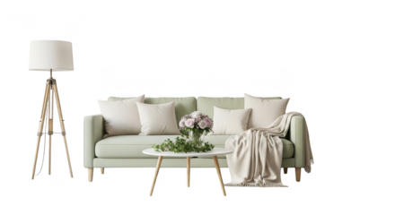 Cozy living room setup with pastel sofa