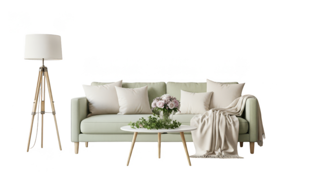 Cozy living room setup with pastel sofa - Powered by Adobe