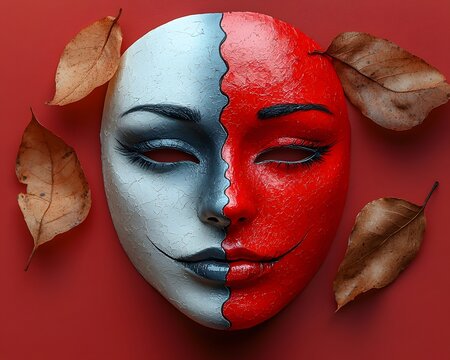 ic split face mask in red and white with autumn leaves symbolizing dual emotions