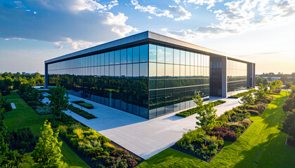 Obraz premium Modern glass facade office building with lush landscaping, reflecting sky, contemporary architecture, commercial property, corporate exterior, business headquarters, clean design, sunny day