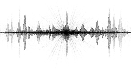 Abstract stipple wave flow in light grain texture and digital spray. Gradation of particles in monochrome background. Vector.