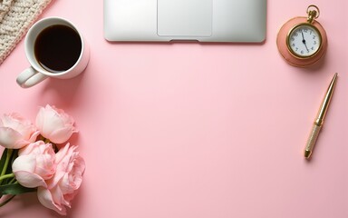 Overhead View of a Pink Workspace with Coffee and Gold Accents. High quality
