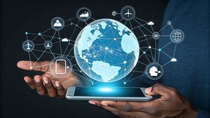 Businessman's hand holding a tablet with global social network icons, symbolizing the future of digital business connections