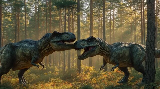 Two majestic dinosaurs engage in a fierce confrontation in a lush prehistoric forest