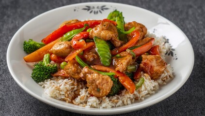 Fototapeta premium Chicken stir-fry with broccoli and snow peas over rice, eye-level view