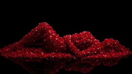 A necklace of red heart beads on a black background is a symbol of love and fashion