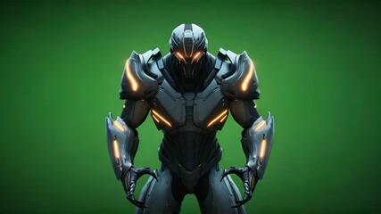 Dynamic Armored Sci-Fi Robot Warrior with Glowing Accents on Green Screen - Powered by Adobe